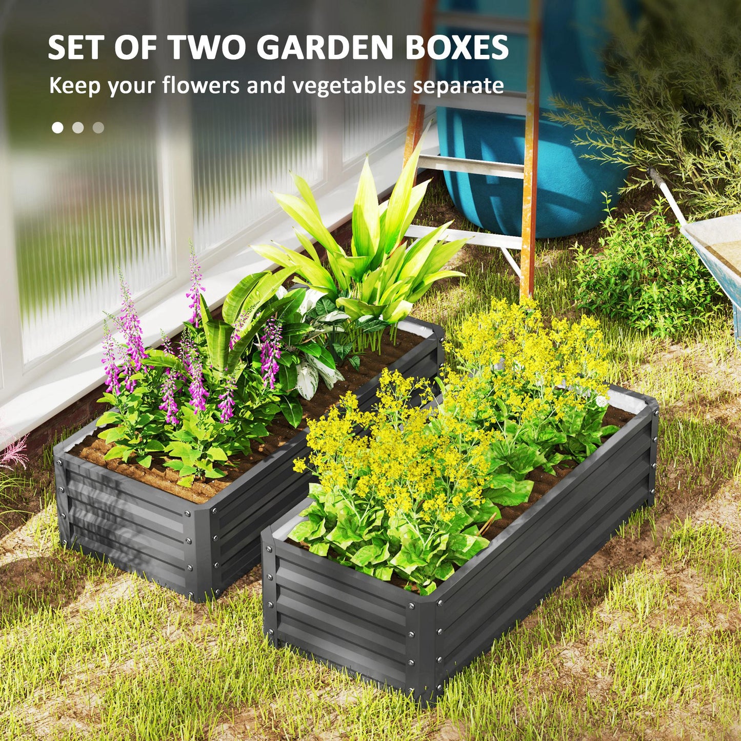 Set of Two 110 x 50cm Steel Planter Boxes - Light Grey