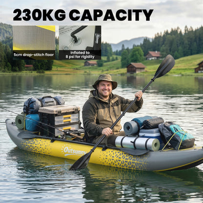 12.5' Inflatable Kayak Set, 2-person Sit on Canoe with Aluminium Oars, Grey and Yellow