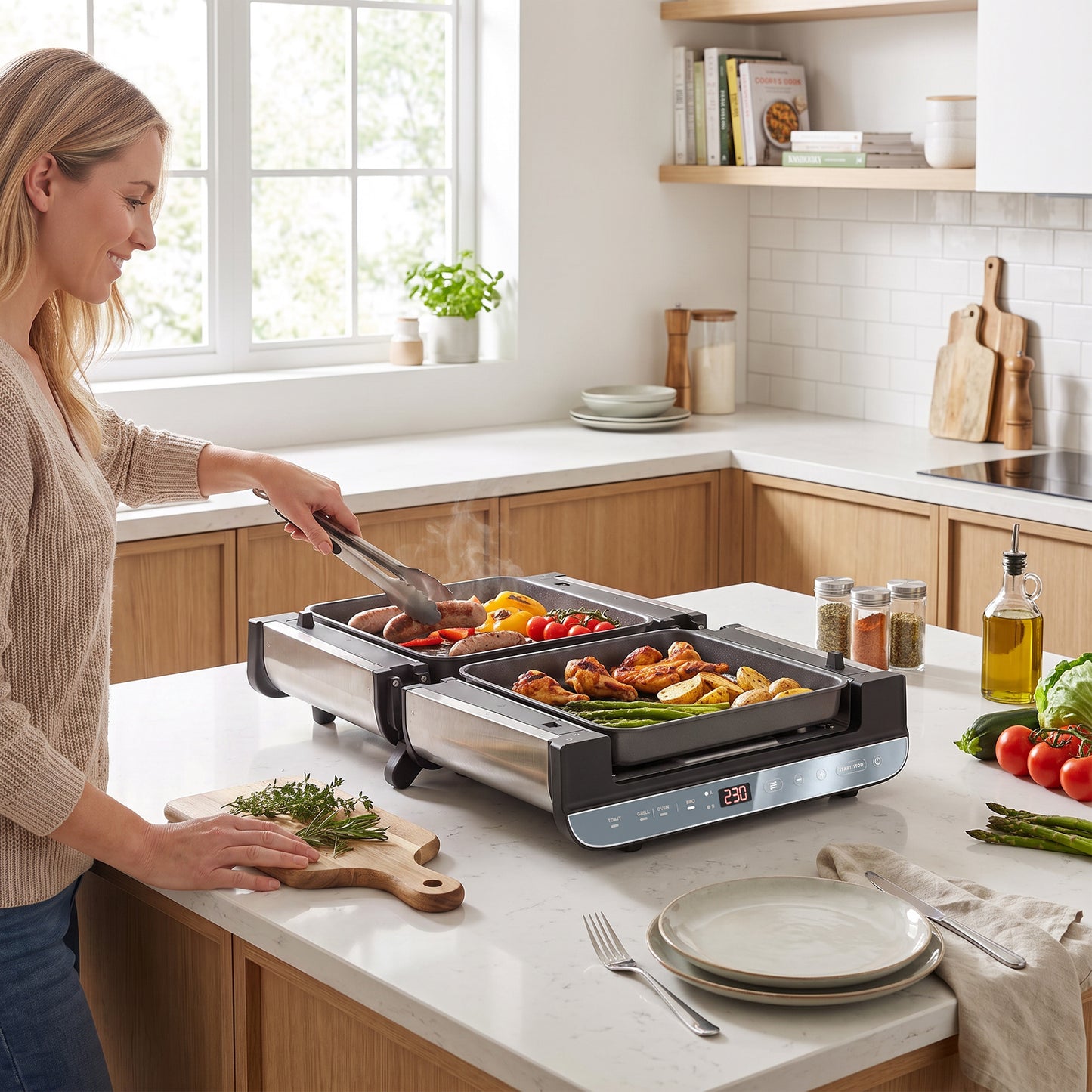 3-in-1 Electric Mini Oven, Long Slot Toaster and Tabletop Grill, with LED Display, 60 Min Timer, Stainless Steel, 1700W