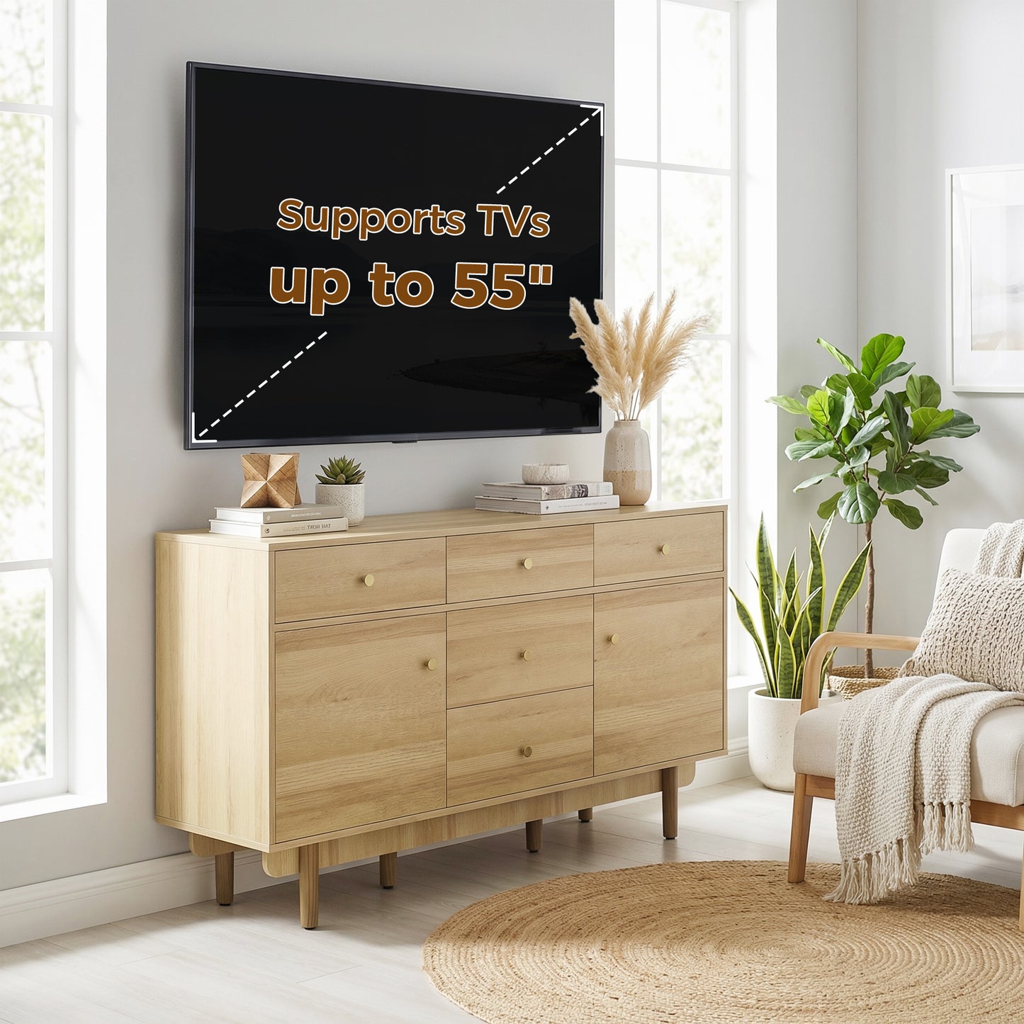 Sideboard with 5 Drawers and 2 Cabinets Buffet Cabinet with Solid Wood Legs 136 cm Walnut