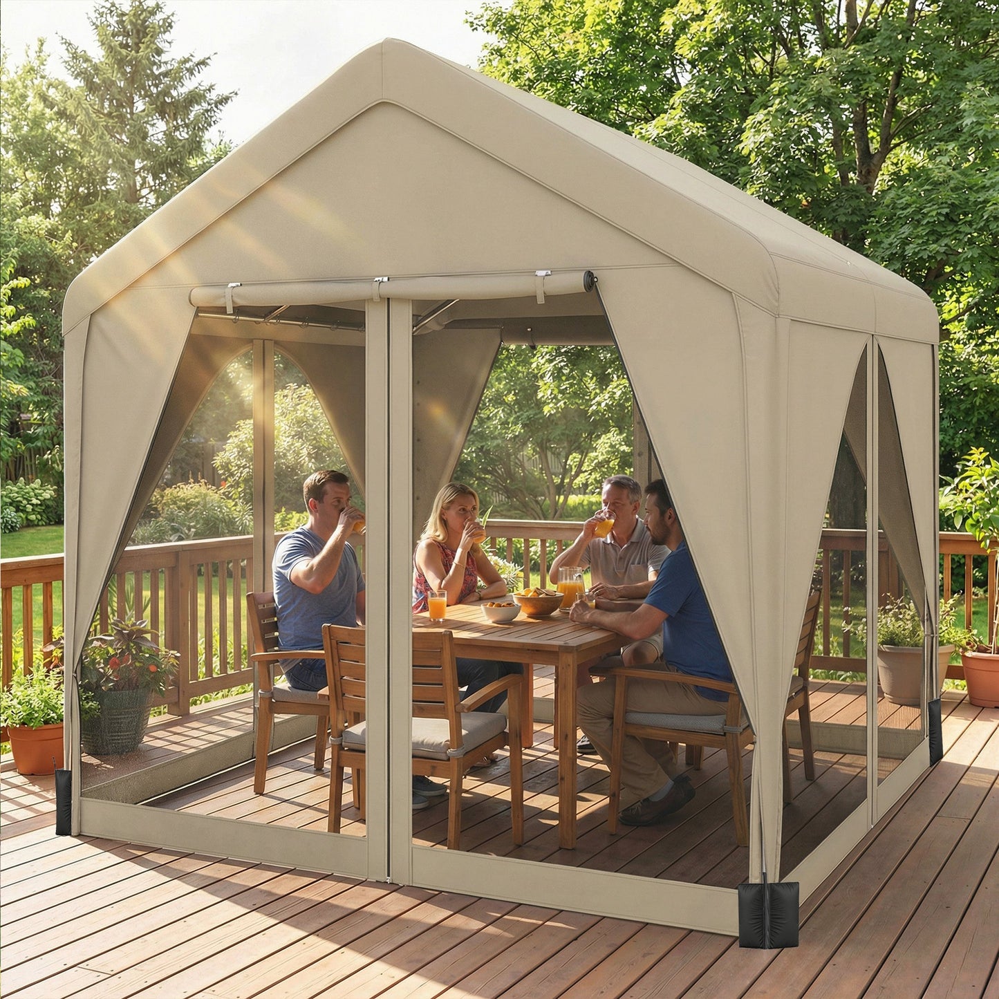 3 x 3 m Patio Gazebo with Netting & Curtains, Outdoor Canopy Shelter with Galvanised Steel Frame, Khaki