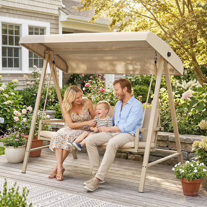 Three-Seat Garden Swing Chair, with Adjustable Canopy - Beige