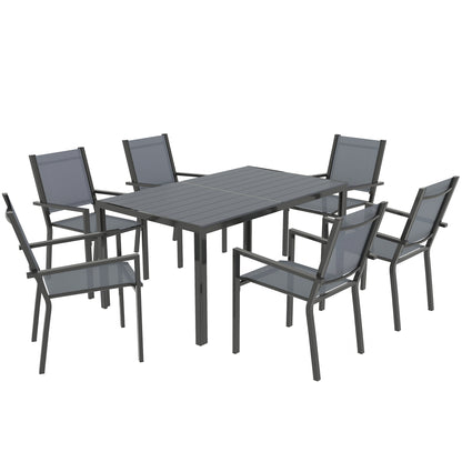 7 Piece Garden Dining Set, Outdoor Furniture Set with 6 Stackable Chairs and 150 cm Rectangle Table, WPC Slatted Top
