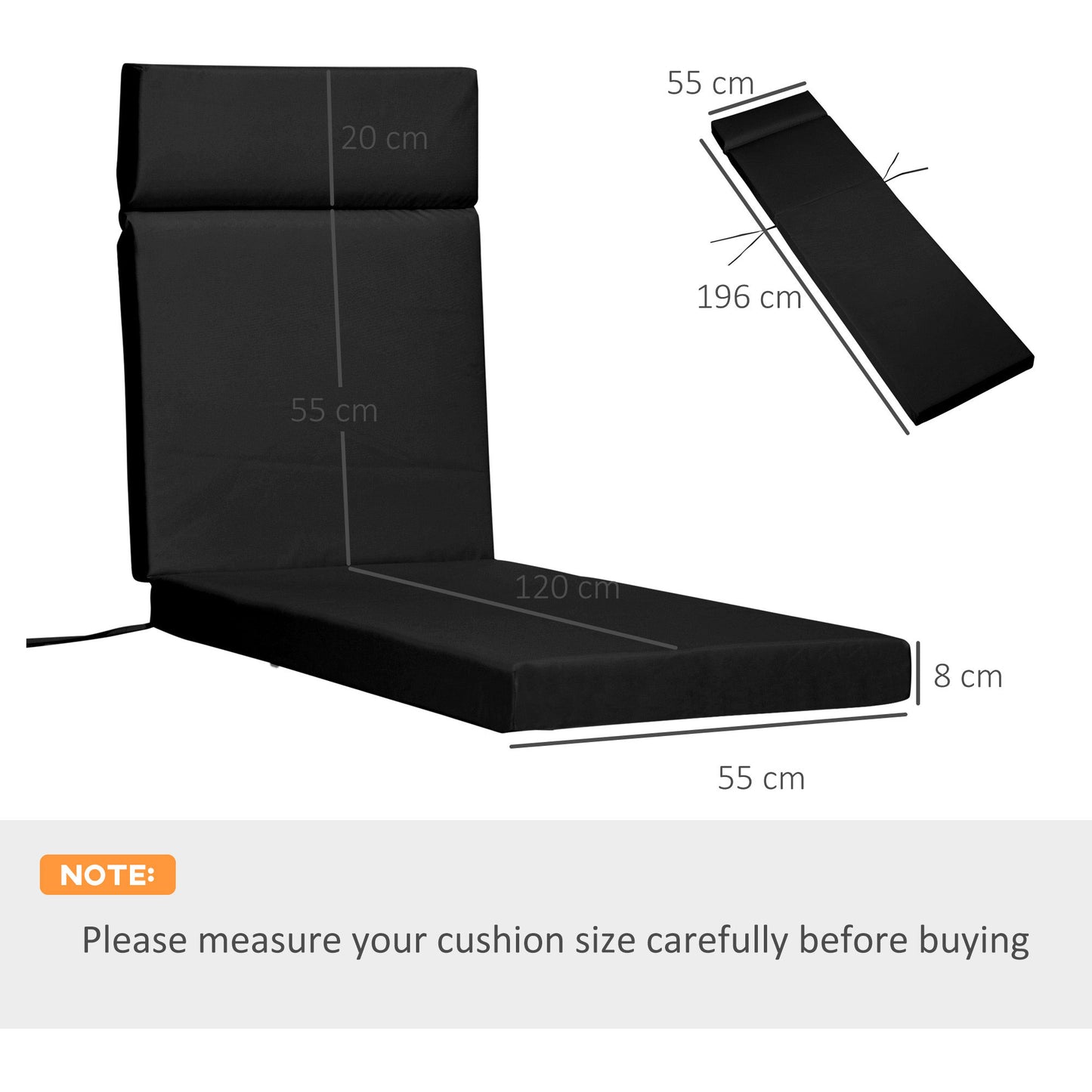 Set of 2 Sun Lounger Cushions, Replacement Cushions for Rattan Furniture with Ties, 196 x 55 cm, Cushion ONLY, Black