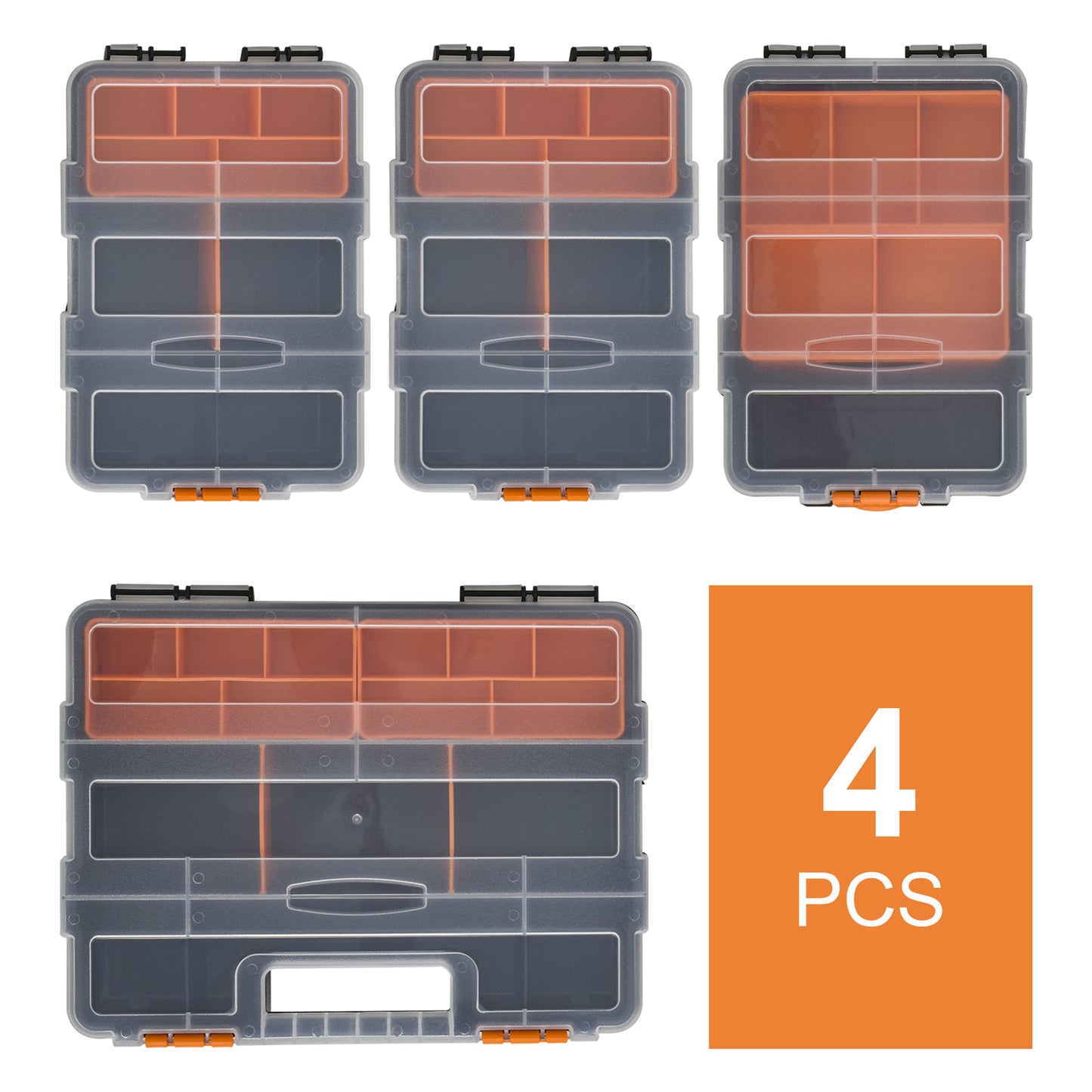 Set Of 4 Plastic DIY Tool Storage Boxes w/ Inside Dividers Locking Lids Home Garage Organisation Stacking Arts Crafts Bolts B