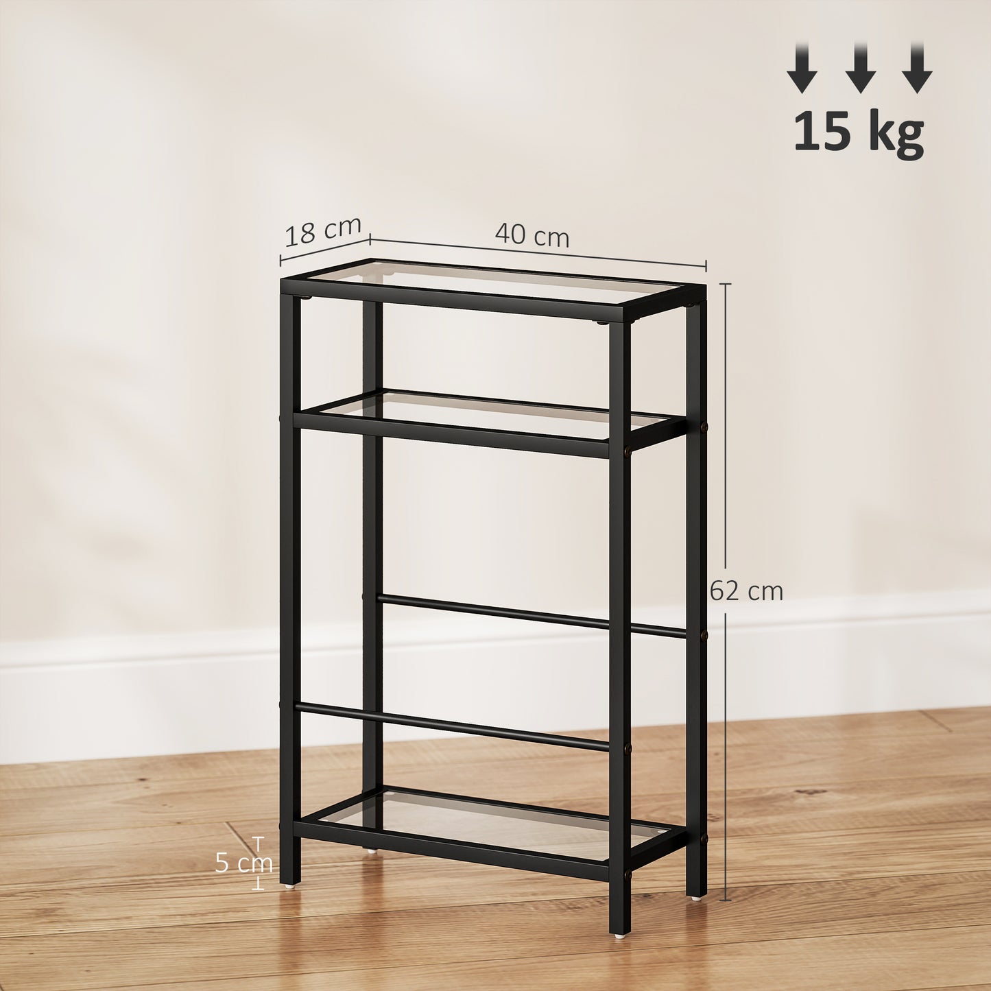 3-Tier Side Table, Narrow End Table with Storage Shelf and Tempered Glass Tabletop for Small Spaces, Black