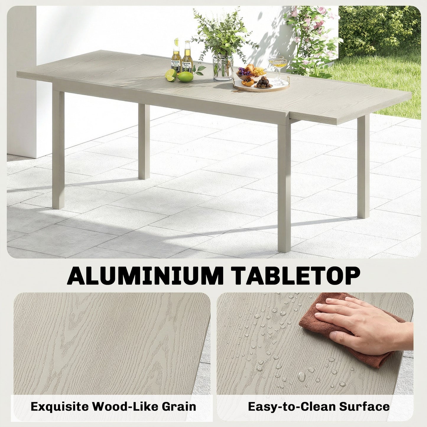 Extending Garden Table, Aluminium Outdoor Dining Table for 8-10 with Wood-Like Grained Surface, Light Grey Wood Effect