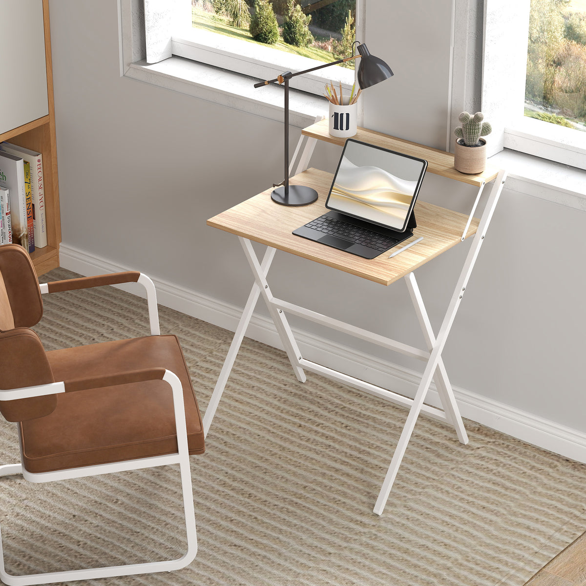 70 cm Folding Computer Desk with Monitor Shelf - Natural Wood Finish