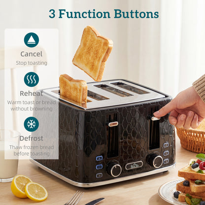 Kettle and Toaster Set, 1.7L 3000W Rapid Kettle with Strix Thermostat, 4 Slice Toaster with 7 Browning Controls, Black