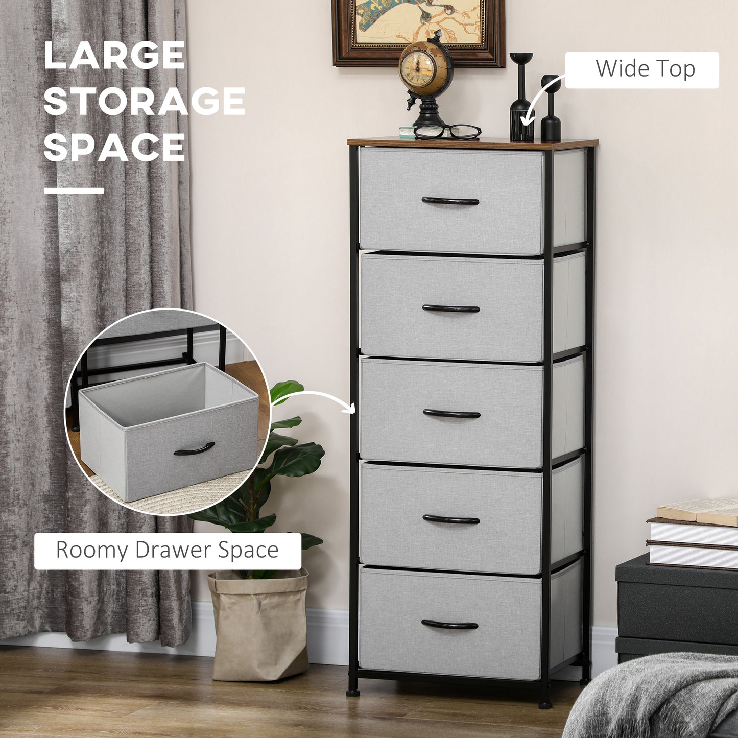 Fabric Chest of Drawers, Industrial Bedroom Dresser with 5 Fabric Drawers, Steel Frame and Wooden Top for Nursery