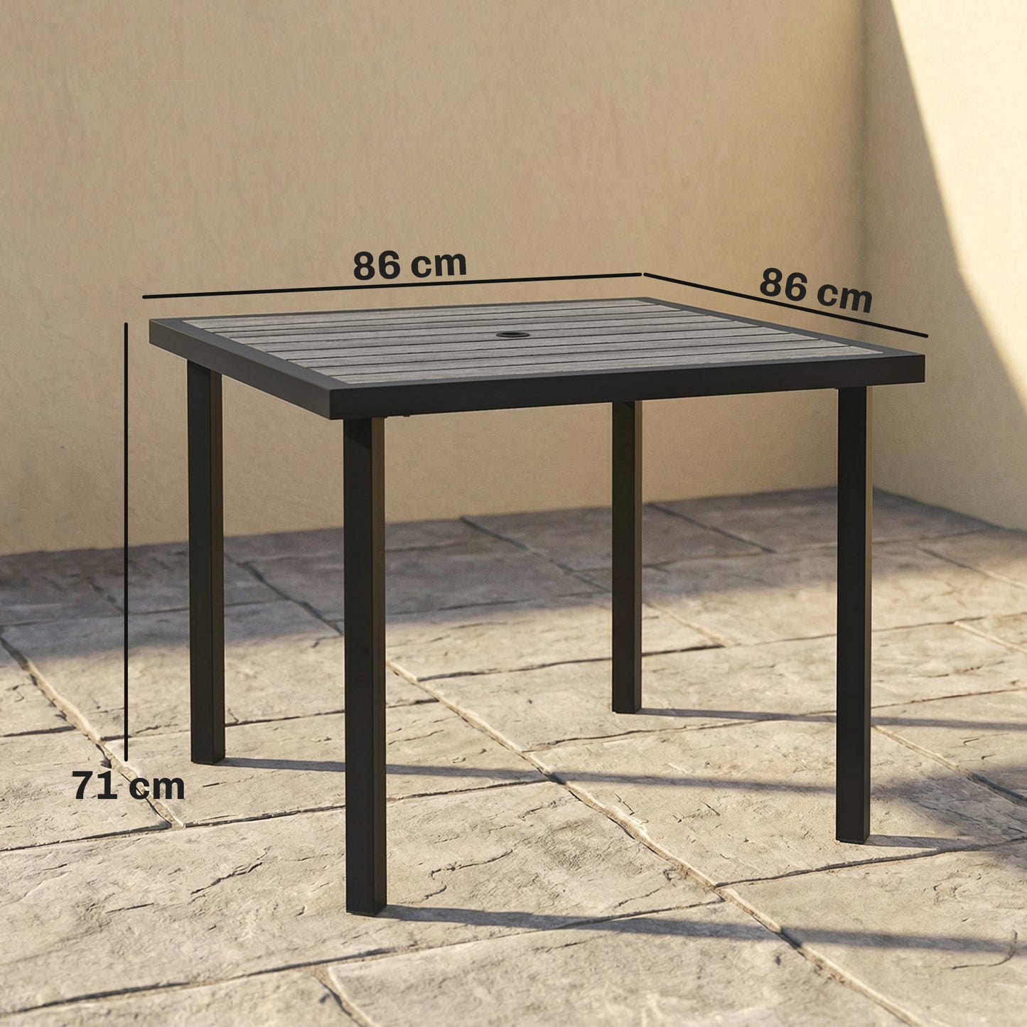 Square Garden Dining Table with Parasol Hole, Slatted Top, Metal Frame, 86 x 86 x 71 cm, Light Grey