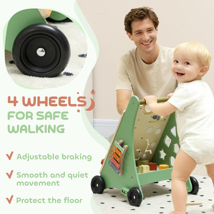Wooden Baby Walker, Push Along Walker Toys with Speed Control, Xylophone, gears and Bead Maze, Green