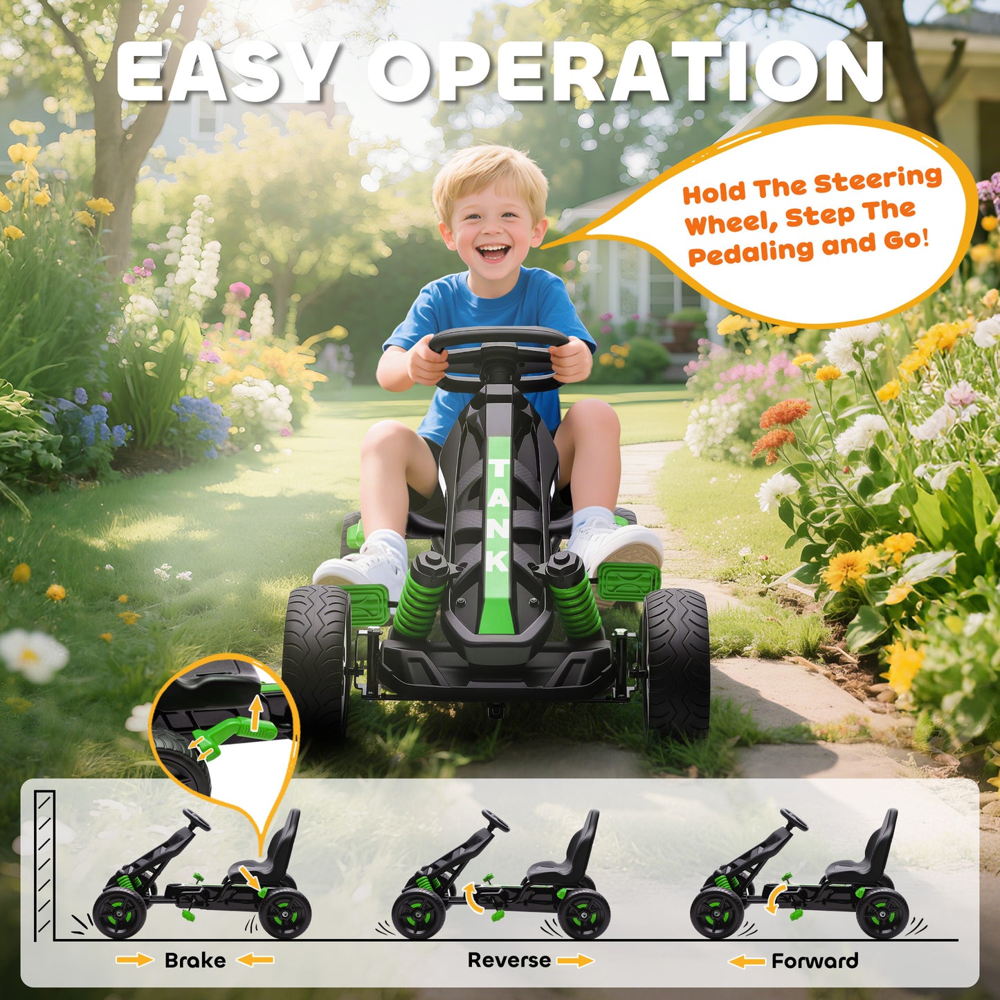 Pedal Go Kart for Kids Aged 3-6 Years, with Freewheel System, Brake, EVA Anti-Slip Wheels, Green