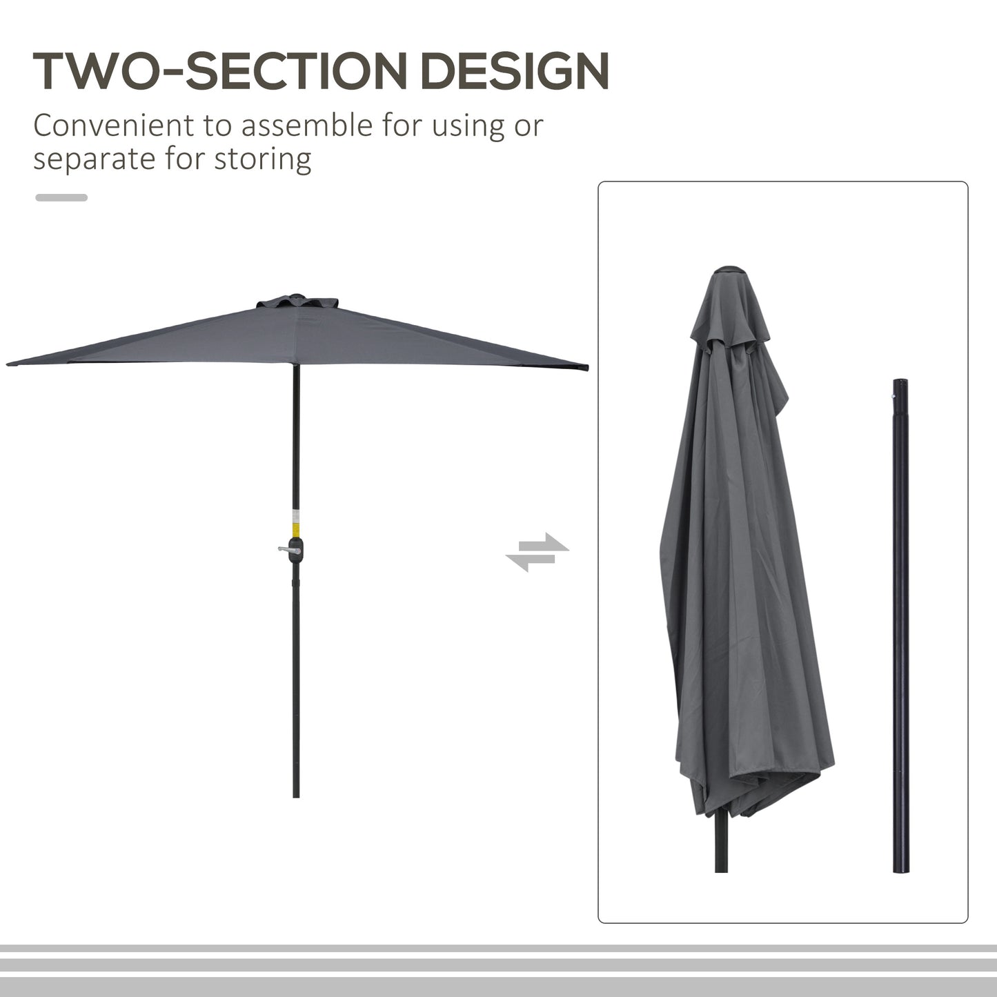 3(m) Half Parasol Semi Round Umbrella Patio Metal Frame Crank Handle for Balcony-- NO BASE INCLUDED, Grey
