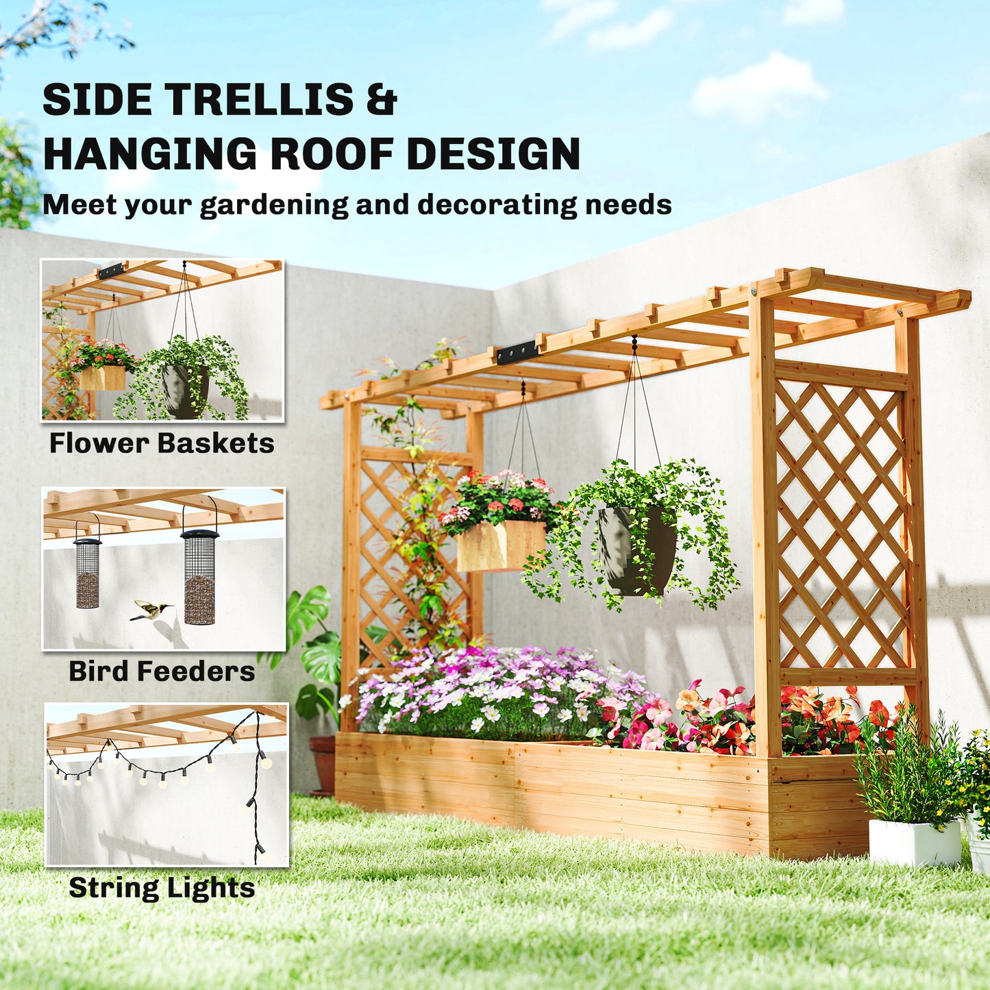 Raised Planter with Trellis, Wooden Raised Bed with Hanging Roof and Drainage Holes for Garden, Natural