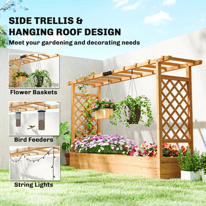 Raised Planter with Trellis, Wooden Raised Bed with Hanging Roof and Drainage Holes for Garden, Natural