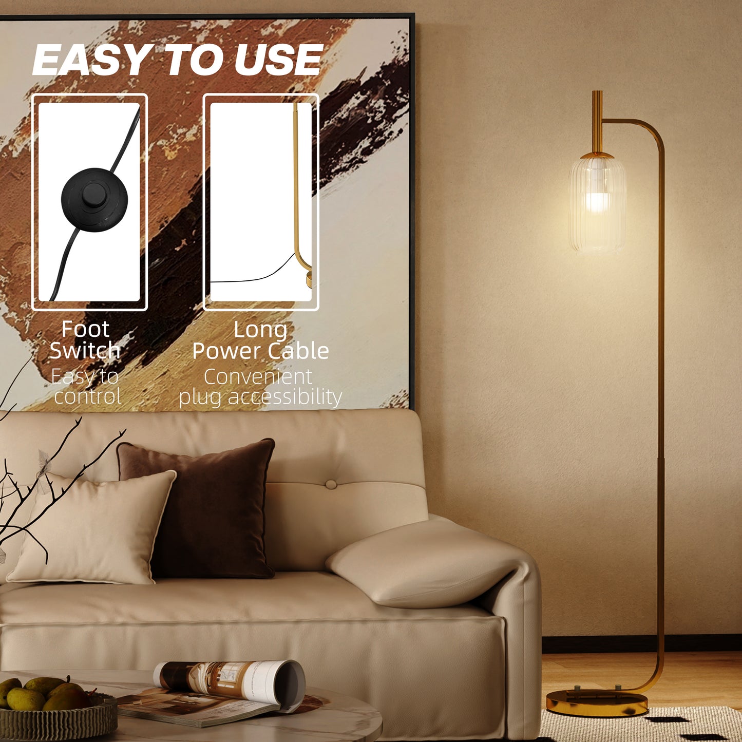 Floor Lamp for Living Room with Glass Lampshade, Modern Standing Lamp with Foot Switch for Bedroom, Bulb not Included