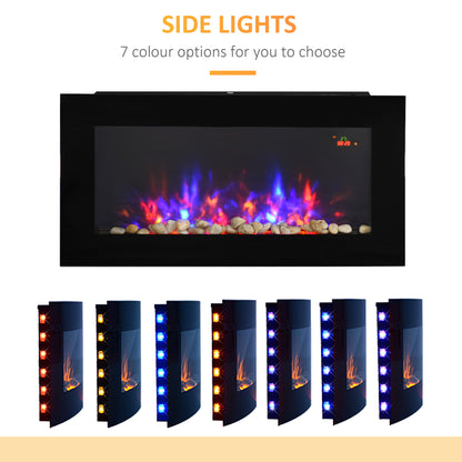 LED Wall Mounted Fireplace Curved Glass Electric Fire Place for Living Room, 1000W/2000W, 48H x 90.8W x 11.5Dcm, Black