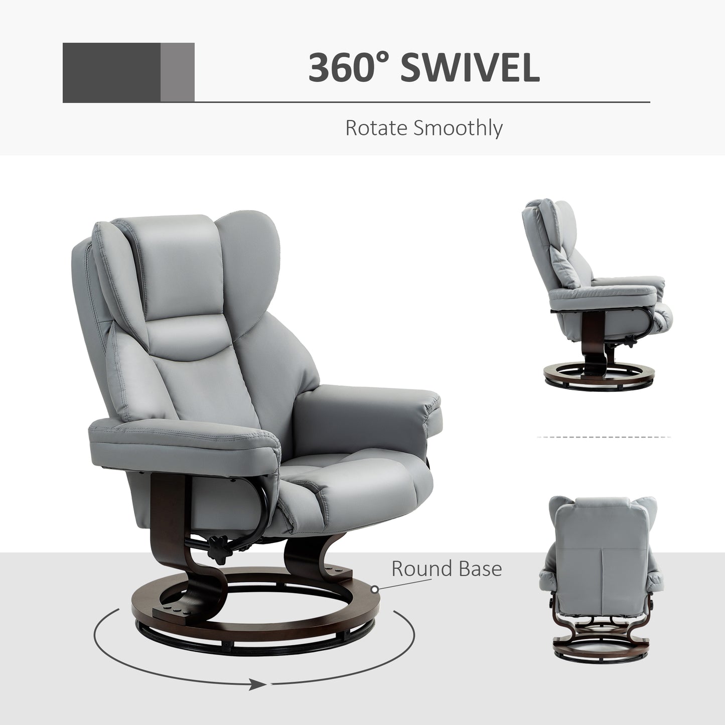 360° Swivel Recliner Chair with Footstool, PU Leather Manual Recliner Armchair with Footstool, Solid Wood Base
