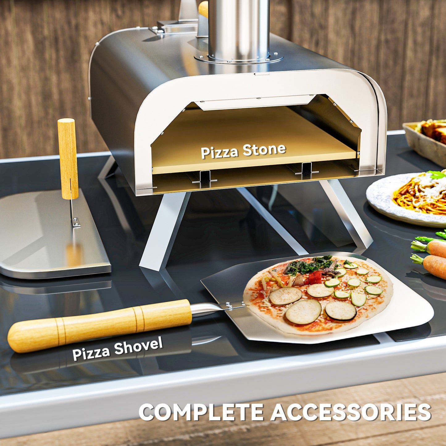 Outdoor Pizza Oven, Portable Wood Pellet Pizza Oven with Pizza Stone and Peel, Foldable Legs, Chimney