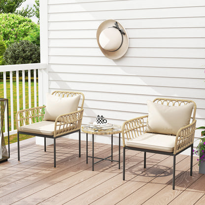 3 Piece Rattan Bistro Set, Wicker Garden Furniture Set with Cushions, Glass Top Coffee Table and Chairs for Outdoor, Patio