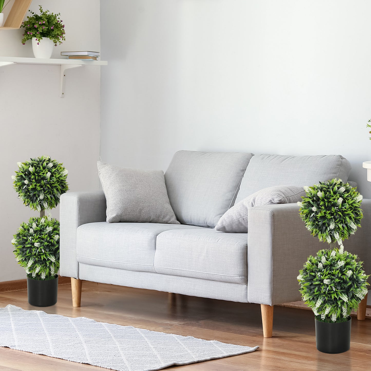 Set of 2 Artificial Plants, Lavender Flowers Ball Trees with Pot, for Home Indoor Outdoor Decor, 70cm