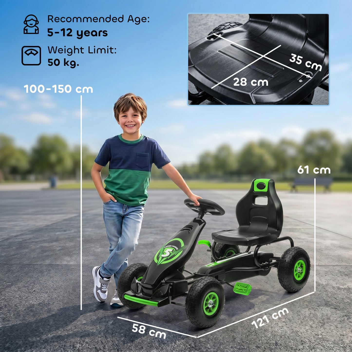 Kids Pedal Go Kart, with Adjustable Seat, Inflatable Tyres - Green