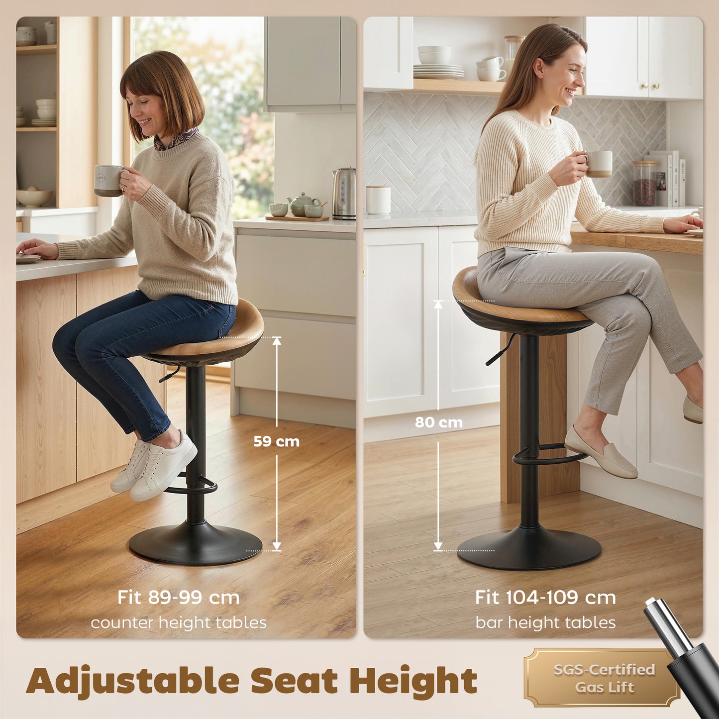 Set of 2 Barstools PU Leather Kitchen Stools with Saddle Seat Height Adjustable Swivel Kitchen Chairs with Footrest Oak