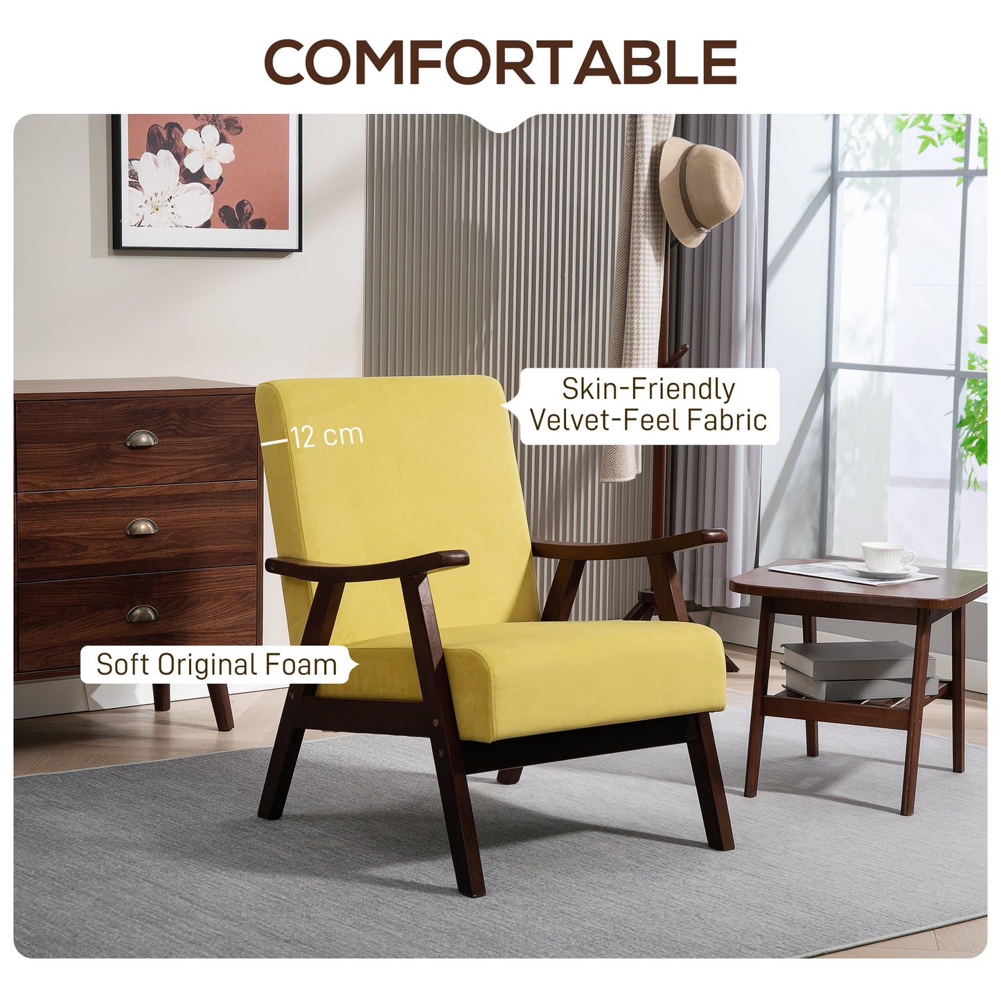 Nordic Accent Chair, Upholstered Velvet Armchair with Solid Wood Frame and Soft Thick Padded for Living Room, Bedroom