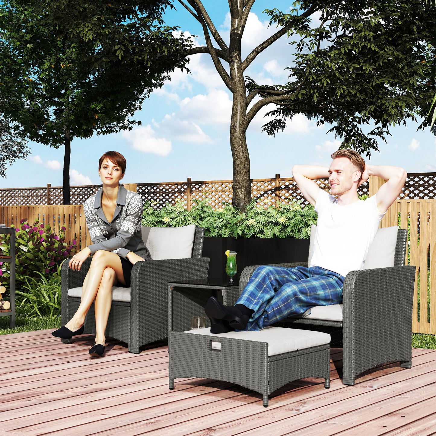 Five Piece Rattan Garden Furniture Set with 2-Tier Coffee Table and Ottomans - Cream White