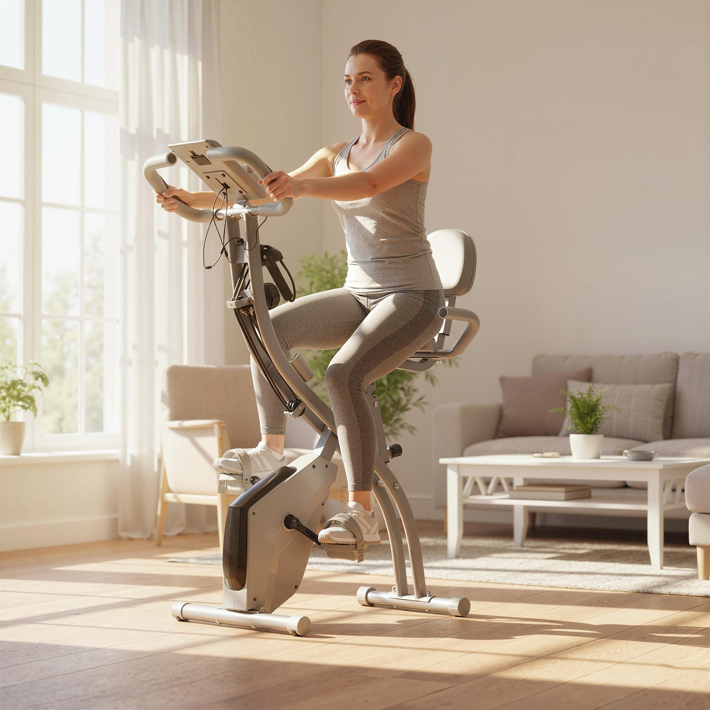 2-in-1 Folding Exercise Bike with 8-Level Magnetic Resistance, Arm Resistance Band, Pulse Sensor, Grey