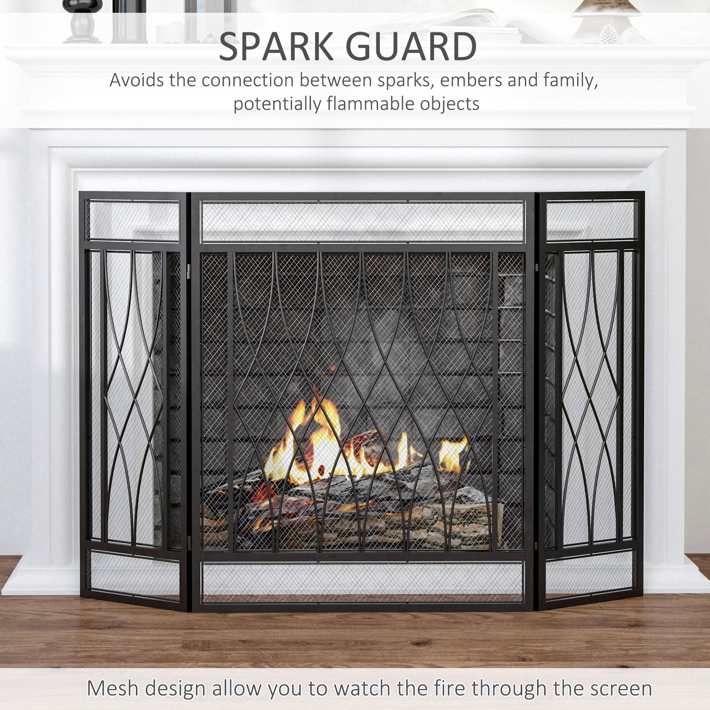 126cm 3-Panel Metal Folding Fireplace Screen Heat Flame Protective Guard Child Pet Home Spark Barrier Surround w/ Mesh Patter