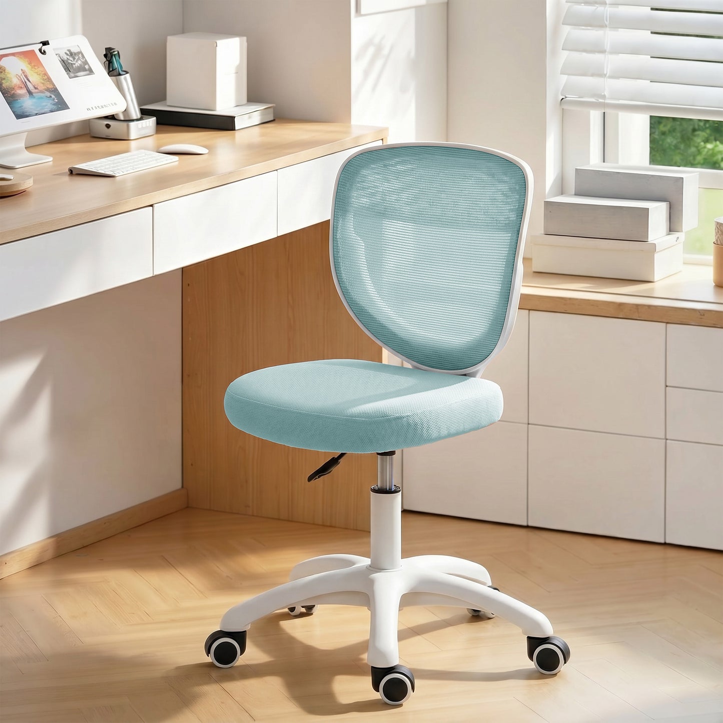 Office Chair, Armless Computer Desk Chair with Breathable Mesh, Adjustable Height, Swivel Wheels, Light Blue