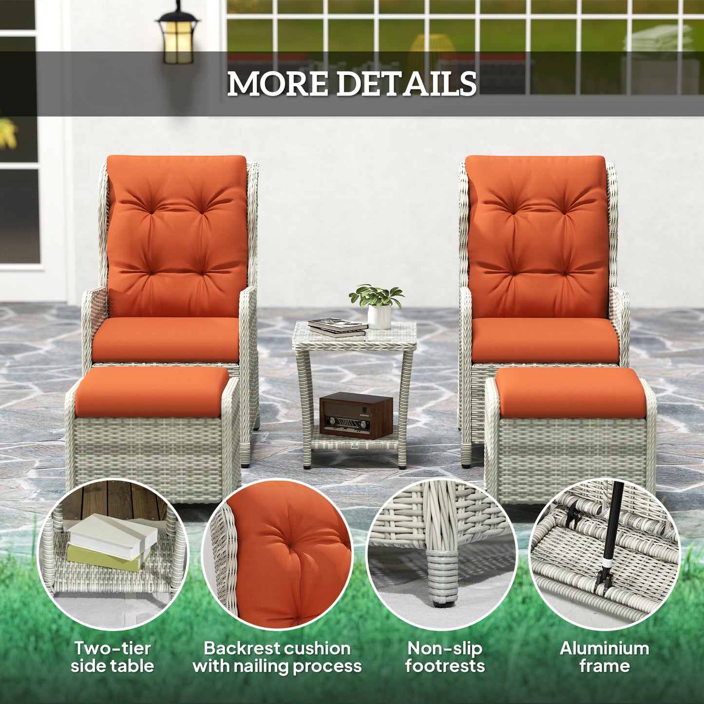 5 Pieces Rattan Bistro Set with Adjustable Back, Reclining Wicker Balcony Furniture with Cushions