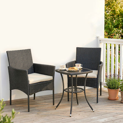 3 Piece Rattan Bistro Set, PE Wicker Garden Furniture Conversation Set with 2 Tier Glass-Top Table, Chairs, Cream White