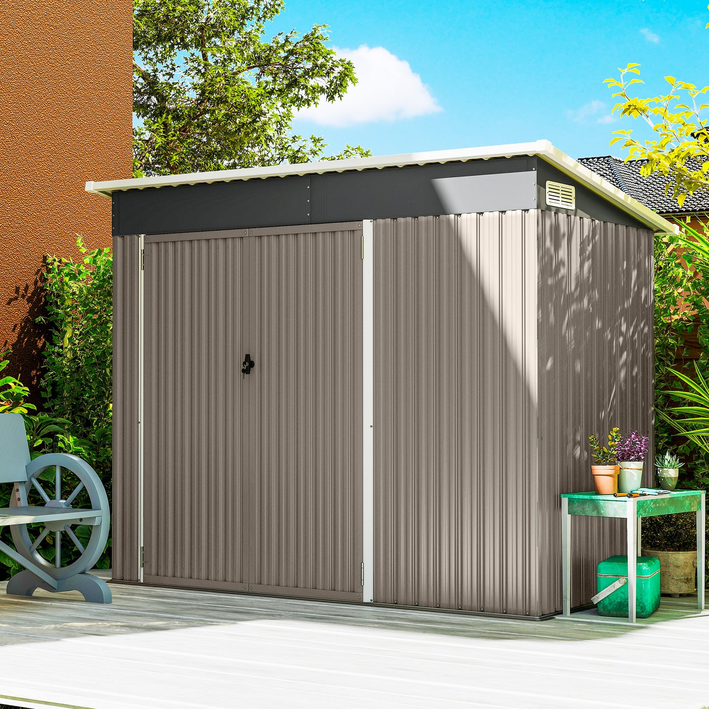 7.5 x 4.3ft Metal Garden Storage Shed, Waterproof Outdoor Shed with Triple Lockable Door, Gloves, Vents, Light Grey