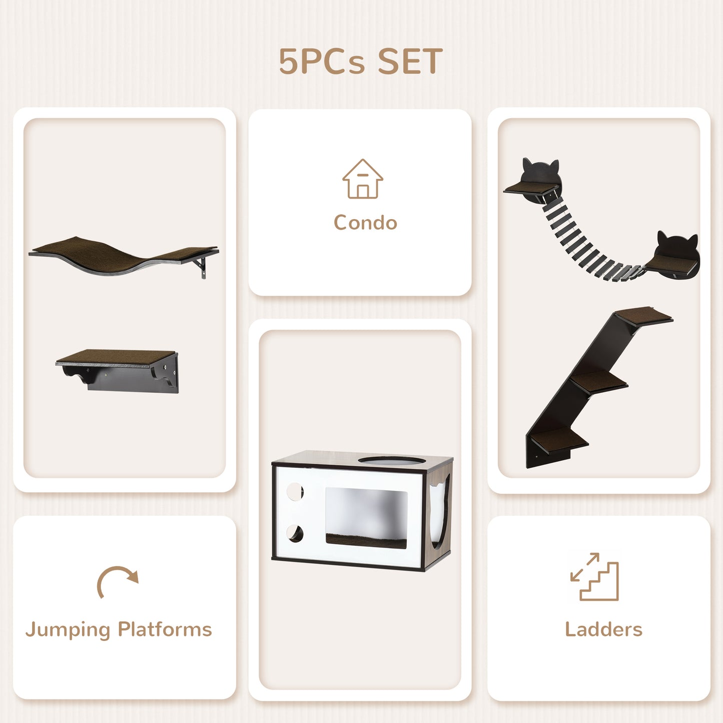 5 Piece Cat Wall Shelves, Wall-Mounted Cat Tree for Indoor Use - Brown