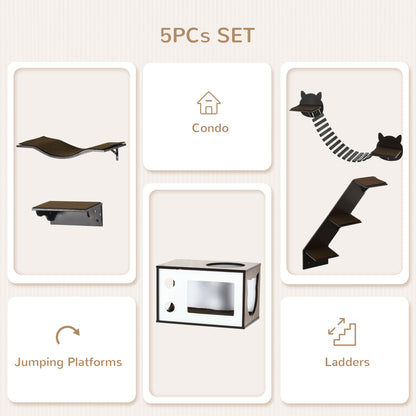 5 Piece Cat Wall Shelves, Wall-Mounted Cat Tree for Indoor Use - Brown