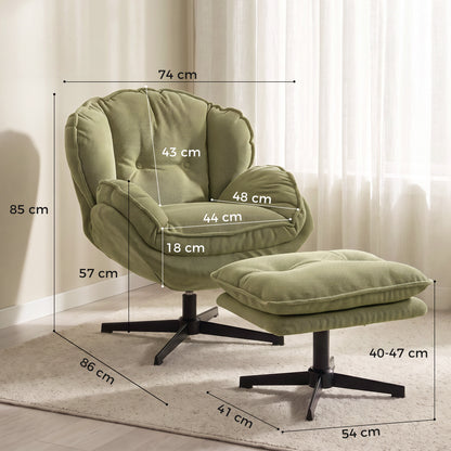 Armchair with Adjustable Footstool, 360° Swivel Chenille Cloud Accent Chair with Thick Cushion, Steel Base, Green