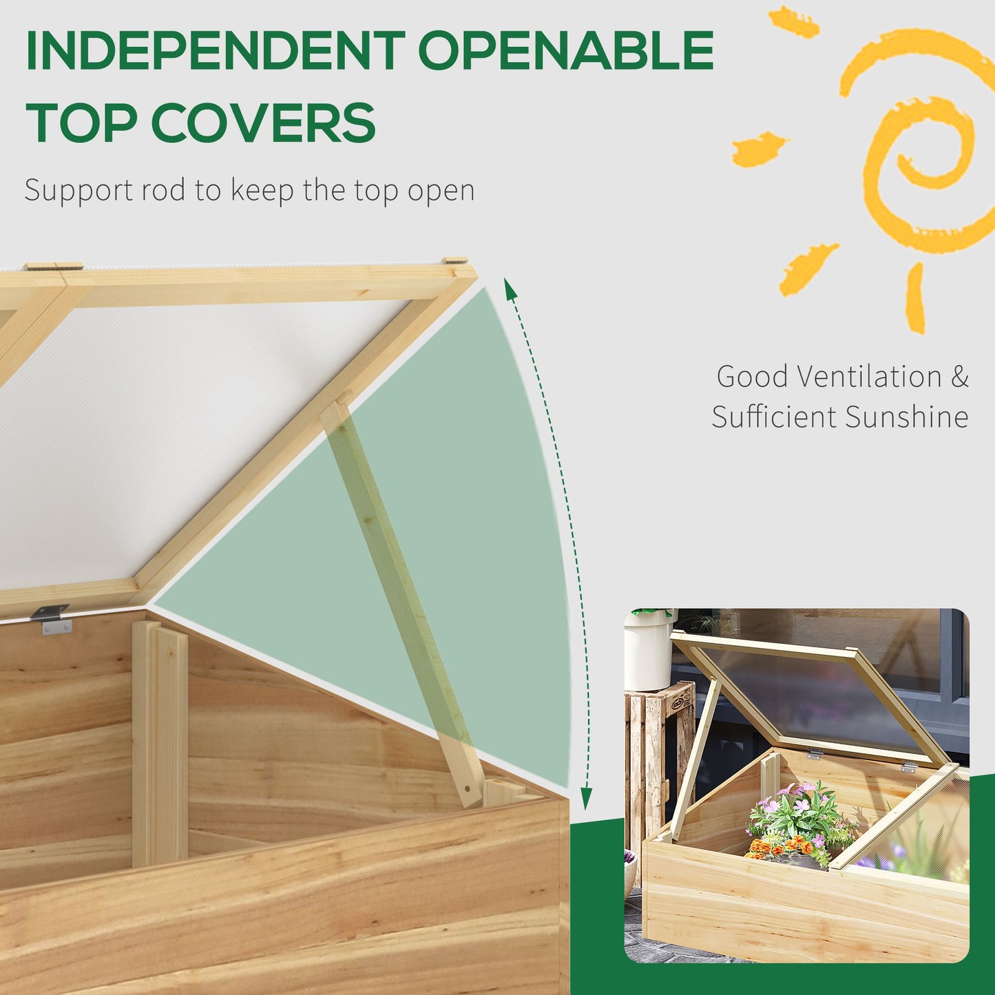 Wooden Cold Frame Greenhouse Garden Polycarbonate Grow House with Independent Openable Top Covers for Flowers, Vegetables