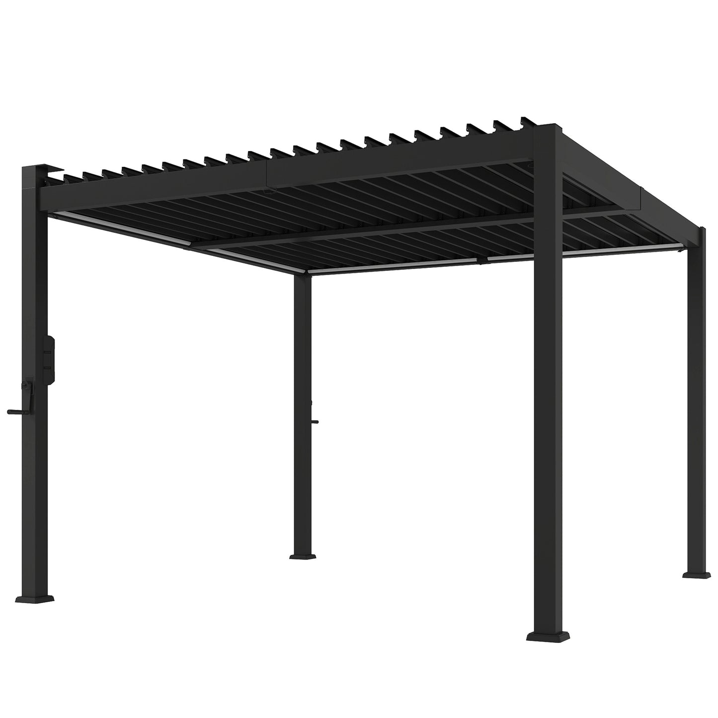 3 x 3 m Louvered Pergola with Solar LED lights, Metal Roof, Patio Gazebo Pergola Canopy with Drainage Gutters, Black