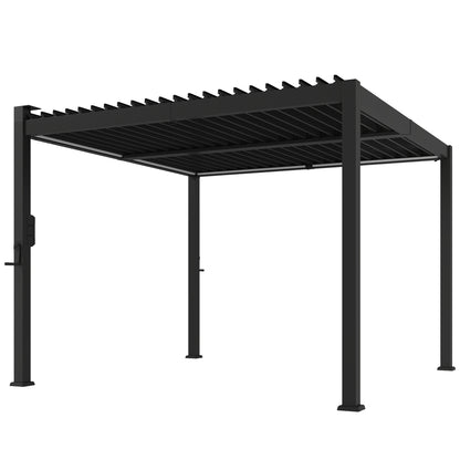 3 x 3 m Louvered Pergola with Solar LED lights, Metal Roof, Patio Gazebo Pergola Canopy with Drainage Gutters, Black
