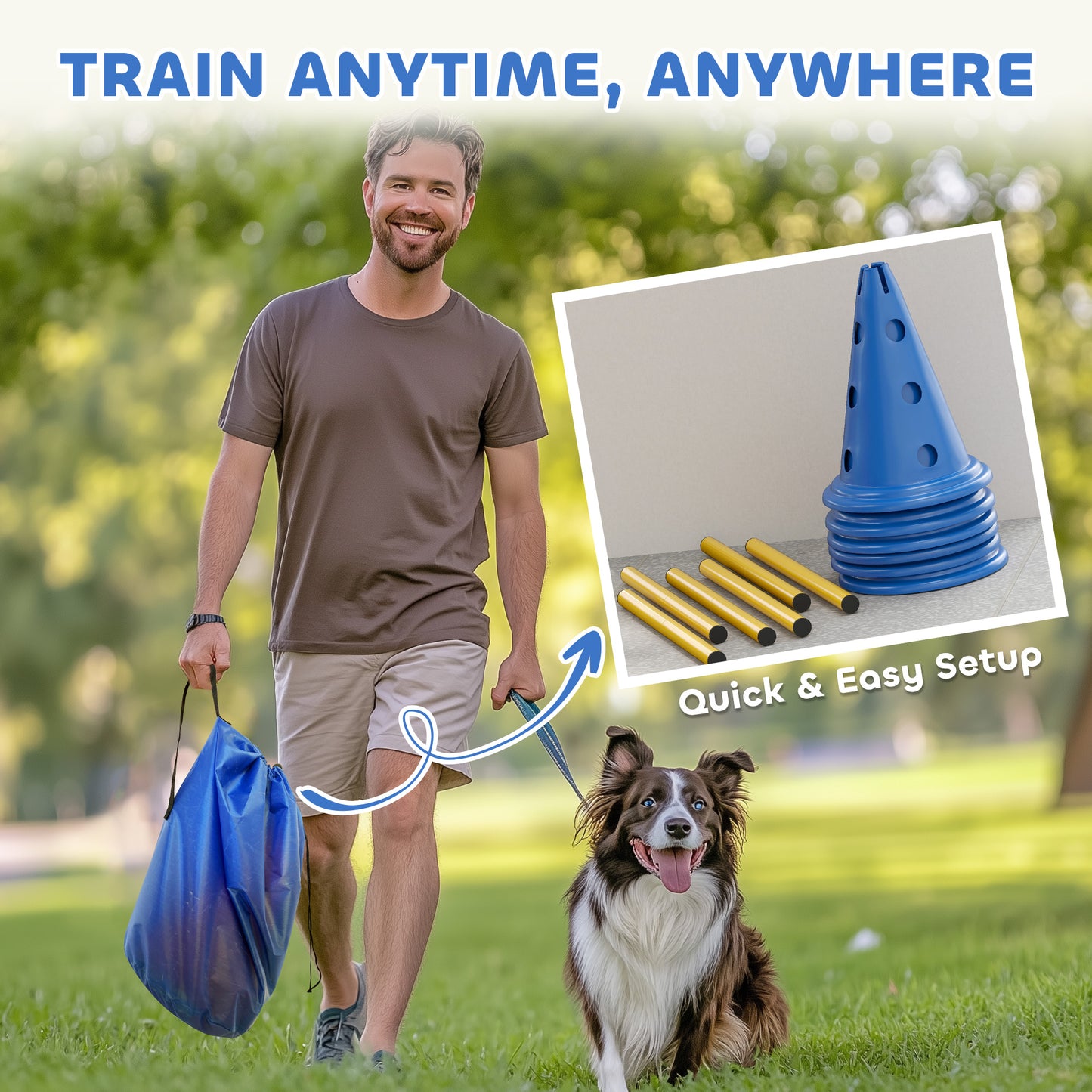 Dog Agility Equipment Set of Six Cones, Six Poles with Carry Bag, Three-Piece Adjustable Height Jumping Obstacles, Blue