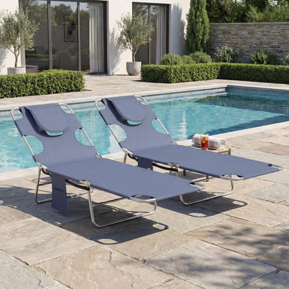 5-Position Adjustable Sun Loungers Set of 2 with Reading Hole and Side Pocket, Grey