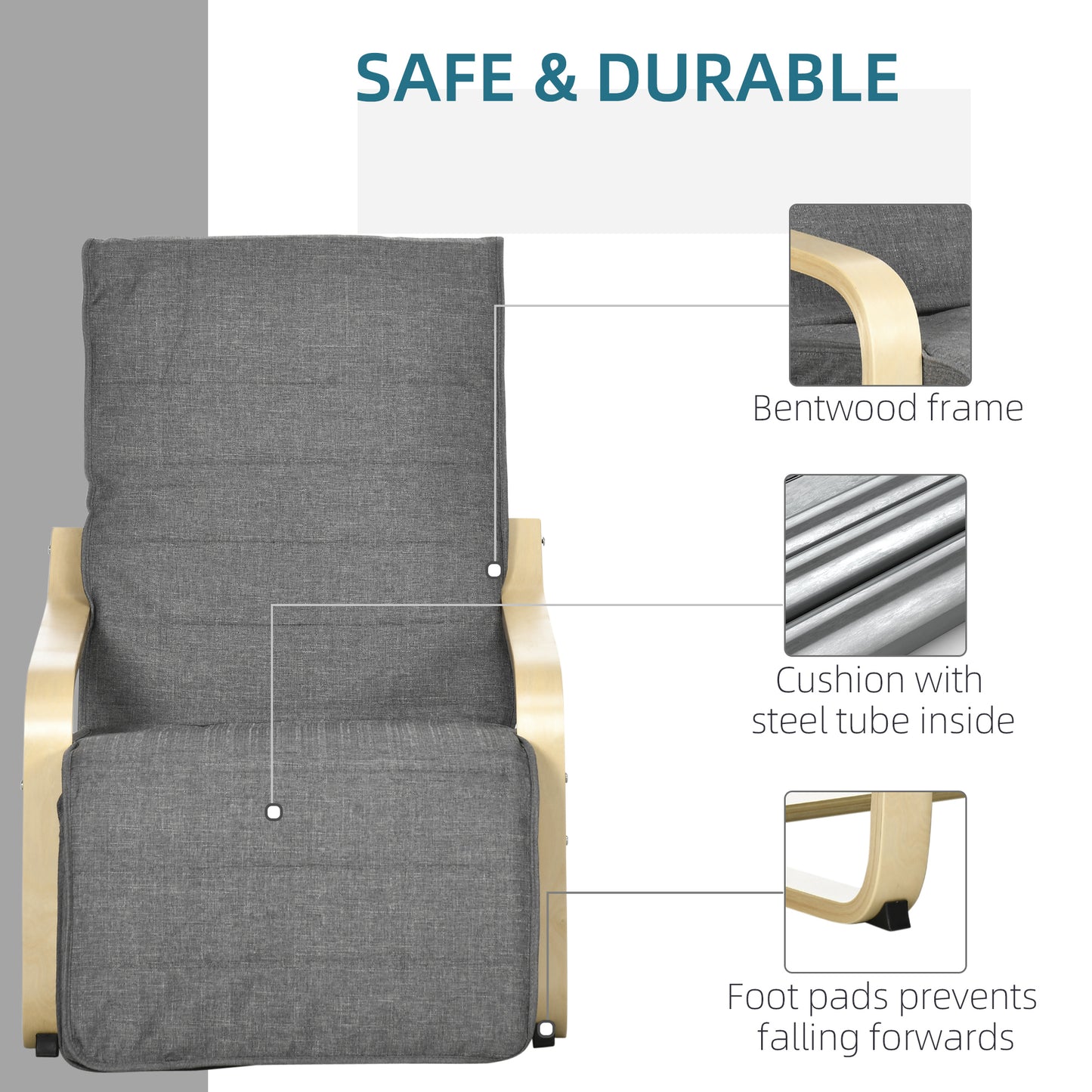 Wooden Armchair, Upholstered Linen Lounge Chair with Adjustable Footrest & Removable Cushion, Poang Chair for Living Room