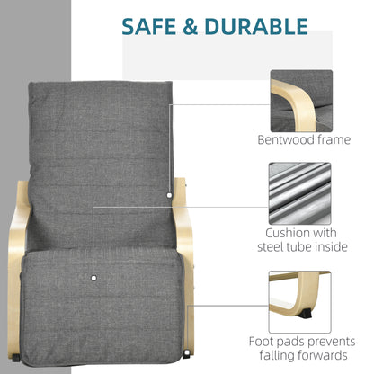 Wooden Armchair, Upholstered Linen Lounge Chair with Adjustable Footrest & Removable Cushion, Poang Chair for Living Room
