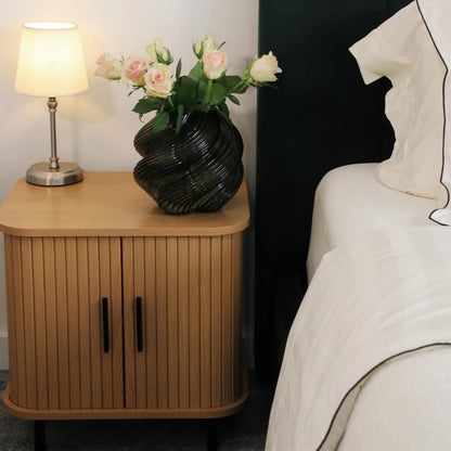 Nightstand with Sliding Doors and Metal Legs Oak Tone