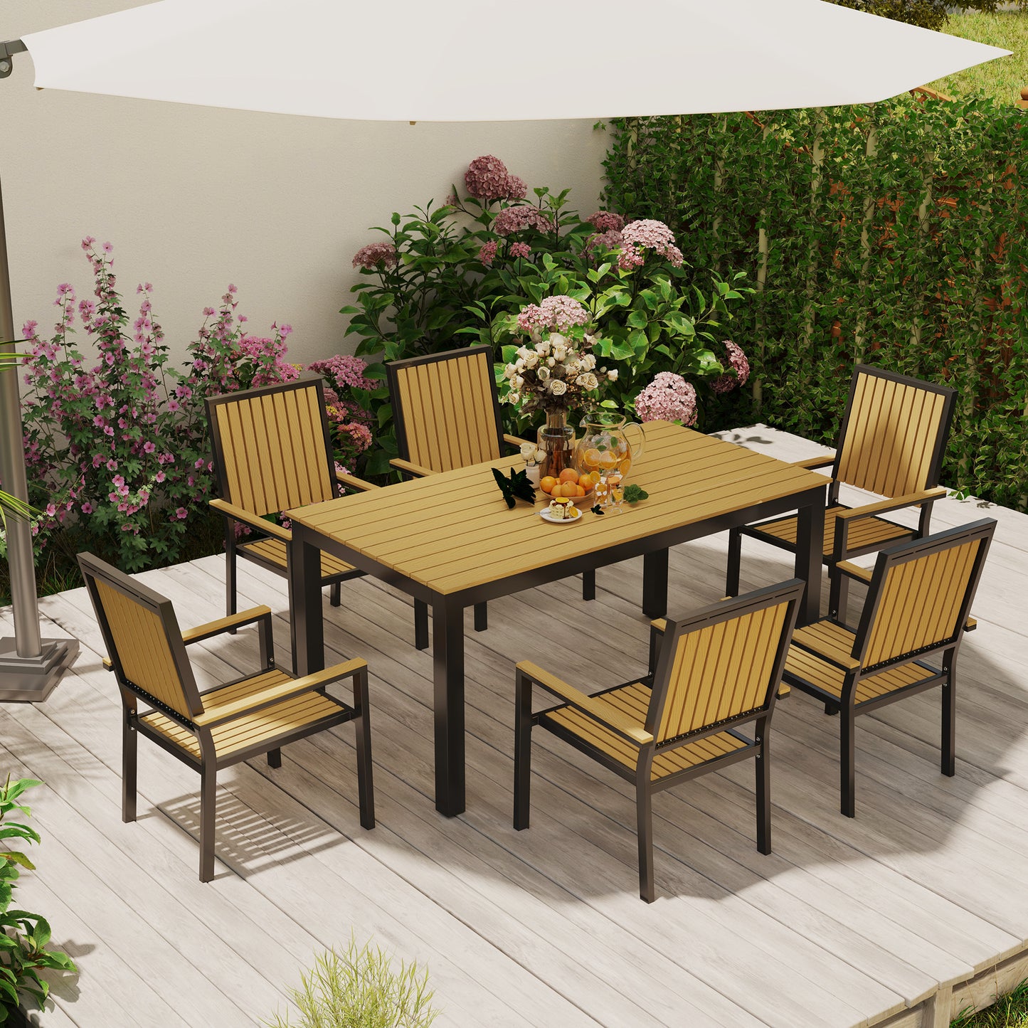 6 Seater Garden Dining Set with Stackable Chairs, Aluminium Frame, Rectangular Plastic Top, Garden Furniture Set, Nature Wood