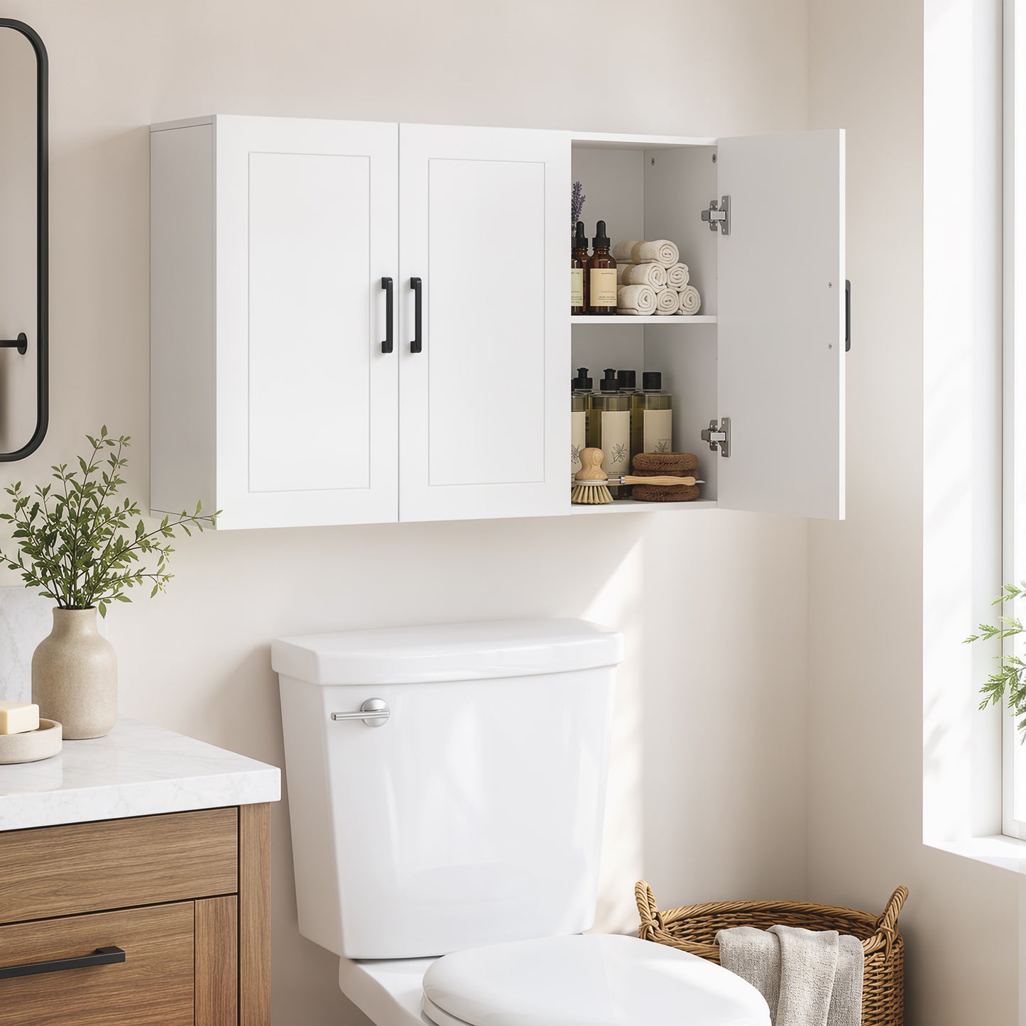 Bathroom Wall Cabinet, Wall Mounted Bathroom Cabinet, Over the Toilet Space Saver with Adjustable Shelves, White