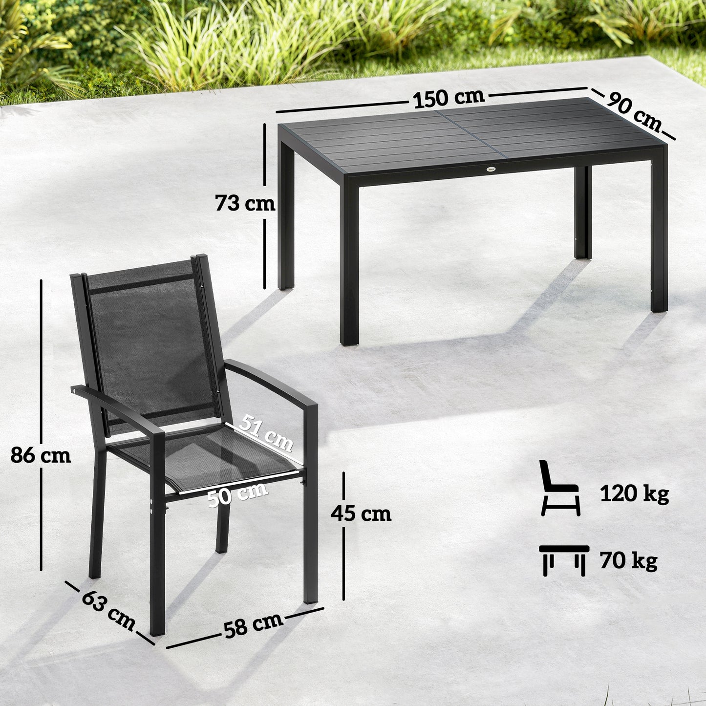 Seven-Piece Garden Dining Set, with Plastic Wood-Top Table - Black